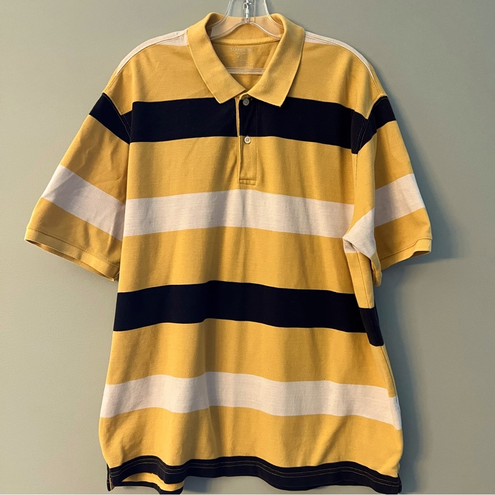 St John’s Bay Polo Size XL Navy Blue, Yellow & White Striped